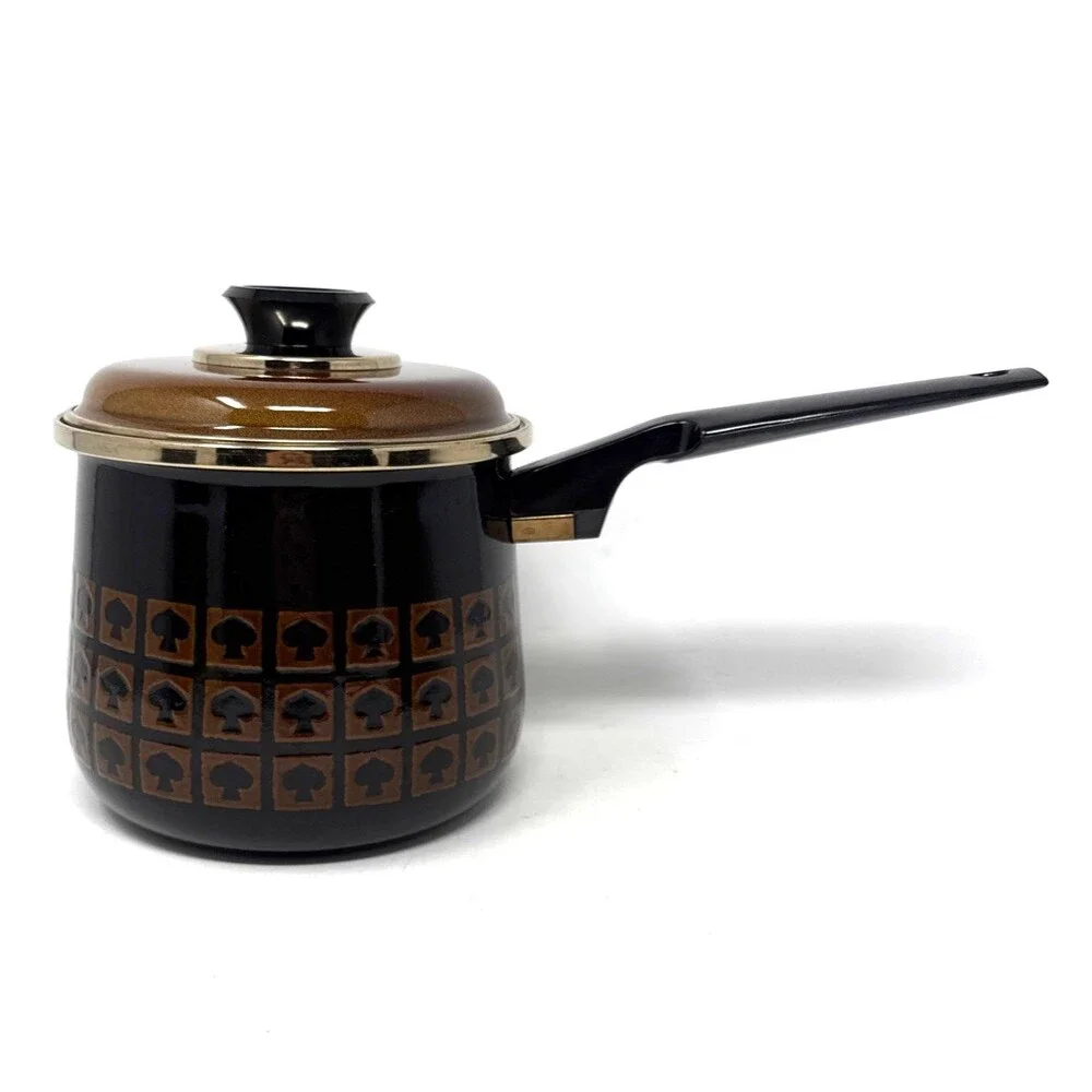 VTG West Bend Le Provencal Enamelware 2 Sauce Pans 2 Qt  1 Lid Brown Mushroom